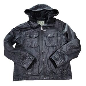 BKE Mens Slim Fit Hooded Utility Jacket Black Sherpa Lined Coated Size Medium